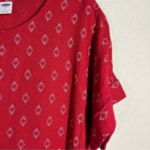 Old Navy Womens Printed Shift Dress Size S Red Cuffed Sleeve Crew‎ Neck Linen - Picture 6 of 7
